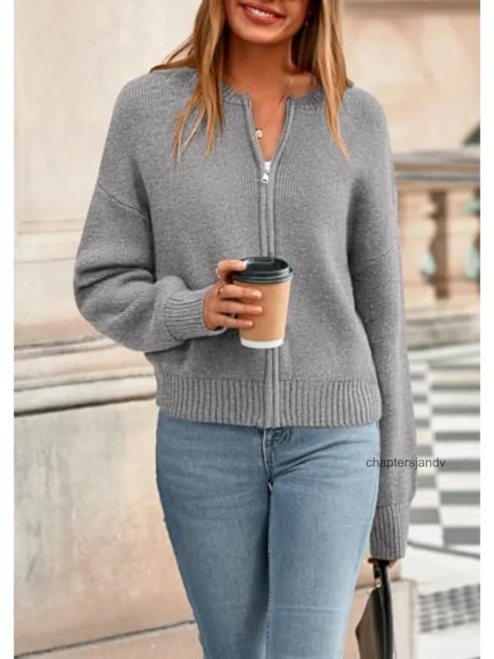 Chunky Knit Zipper Cardigan Sweater Open Front Loose Cropped Long Sleeve